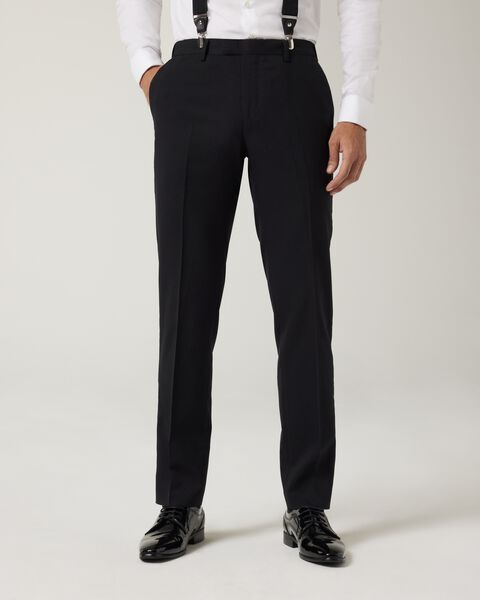 Slim fit premium wool silk tuxedo pant with satin side stripe, Black, hi-res